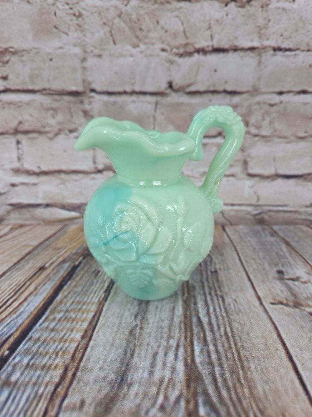 AVON Jadeite Milk Glass Rose Mini Pitcher 4" Jug Art Flower Vintage